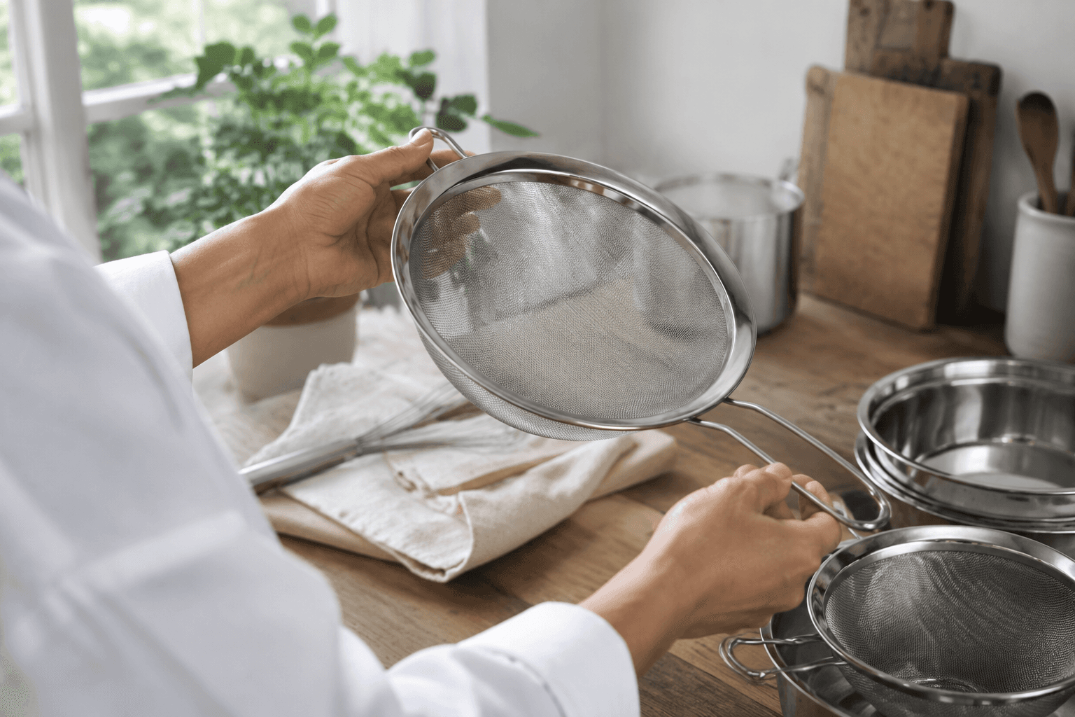 Inspecting a stainless steel kitchen strainer