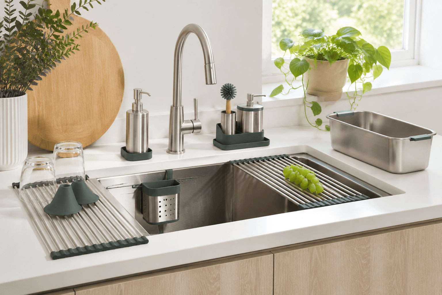 A calm, organised kitchen sink area
